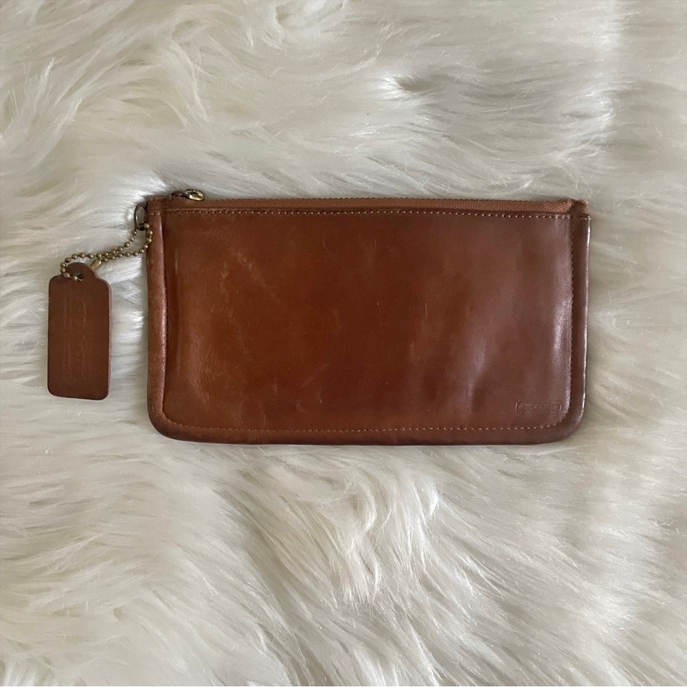 Coach Vintage 7170 British Tan Leather Slim Skinny Cosmetic Zip Pouch Bag Clutch